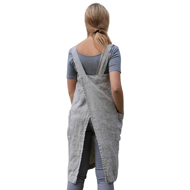 Larmliss Womenâ€™s Pinafore Square Apron Baking Cooking Gardening Works Cross Back Cotton/Linen Blend Dress with 2 Pockets Gray - Image 5